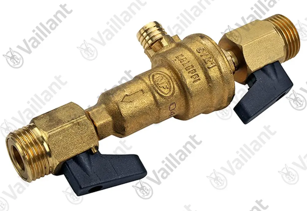 Vaillant Rückflussverhinderer mit zwei Anschlussgewinden und Hebel zum Öffnen/Schließen. Das Gehäuse ist aus Messing gefertigt.